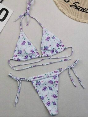 SHEIN White Floral Triangle String Bikini - Purple Green Print
